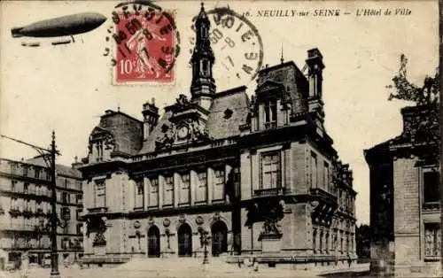Ak Neuilly sur Seine Hauts de Seine, Rathaus, Zeppelin