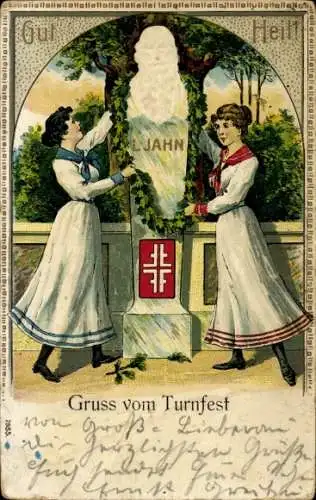 Präge Litho Frauen schmücken Jahns Denkmal, Turnerkreuz, BB&OL