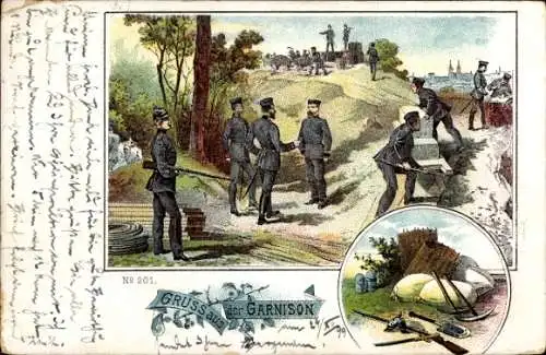 Litho Garnison, Deutsche Soldaten in Uniformen, Spaten, Bau