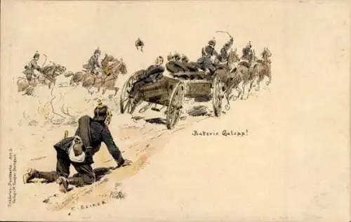 Künstler Litho Becker, C., Batterie-Galopp, Deutsche Soldaten, Kaiserreich-Zeit