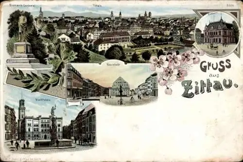 Litho Zittau in Sachsen, Postamt, Totalansicht, Neustadt, Bismarckdenkmal, Marktplatz