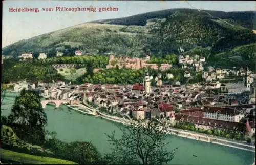 Ak Heidelberg am Neckar, Blick auf Heidelberg vom Philosophenweg, Neckar und Altstadt
