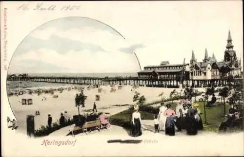 Ak Ostseebad Heringsdorf auf Usedom, Strand, Seebrücke
