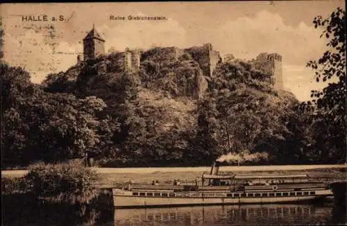 Ak Giebichenstein Halle an der Saale, Ruine Giebichenstein, Dampfschiff auf dem Wasser, Waldlands