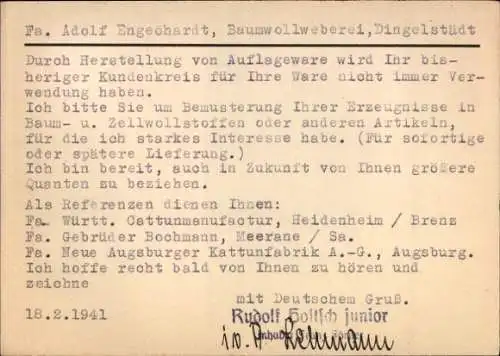 Ak Dingelstädt im Eichsfeld Thüringen, Baumwollweberei, Geschäftsanfrage, Referenzen, Datum: 18.2
