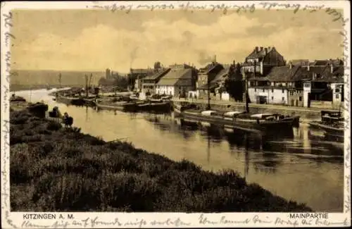 Ak Kitzingen am Main Unterfranken,  Kitzingen A. M., Mainpartie, Fluss, Boote,  Gebäude, Landscha