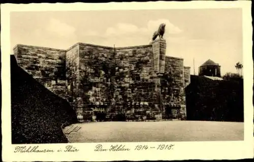 Ak Mühlhausen in Thüringen, Burgmauer mit Löwen, Inschrift 1914-1918,  Bedeutung