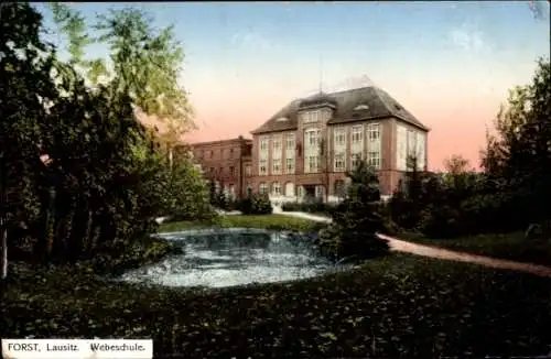 Ak Forst in der Lausitz, Webeschule, Parklandschaft, ruhige Szenerie, Abendhimmel