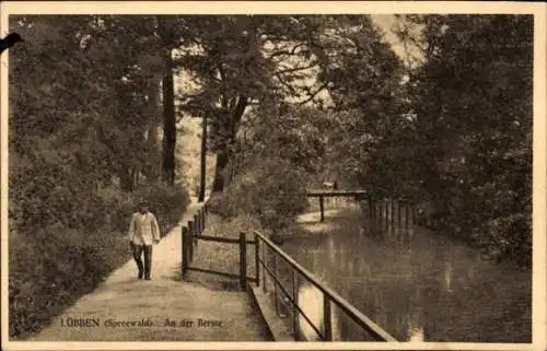 Ak Lübben im Spreewald, Spaziergang am Wasser, Bäume, Weg, Historische 