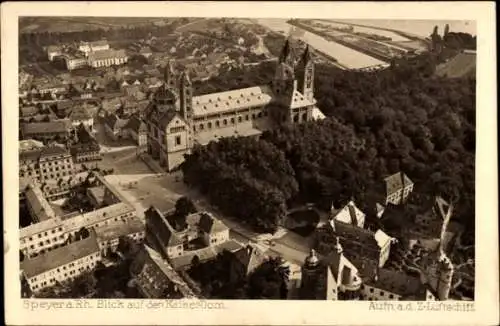 Ak Speyer am Rhein, Luftaufnahme auf den Kaiserdom, Altstadt von  Zeppelin-