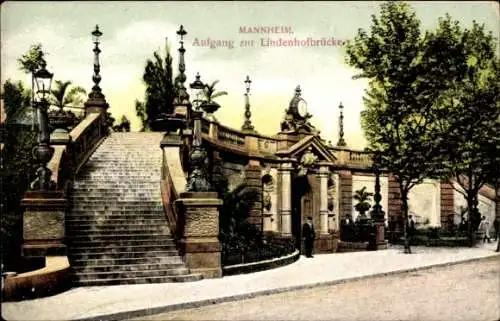 Ak Lindenhof Mannheim in Baden,  Aufgang zur Lindenhofbrücke, Treppe, Laternen,  Architektur