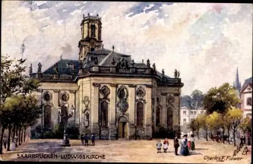 Ak Saarbrücken im Saarland, Ludwigskirche, Gebäude im Rokokostil, Charles Flower, Baumstraße