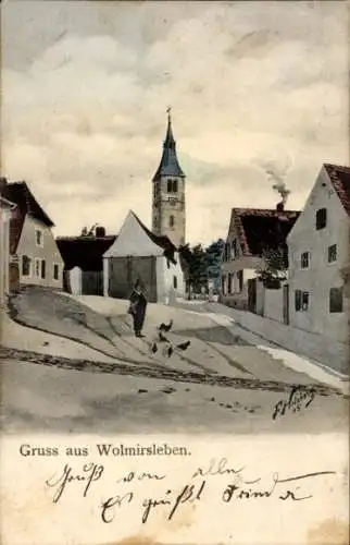 Ak Wolmirsleben im Salzlandkreis, Platz, Kirche