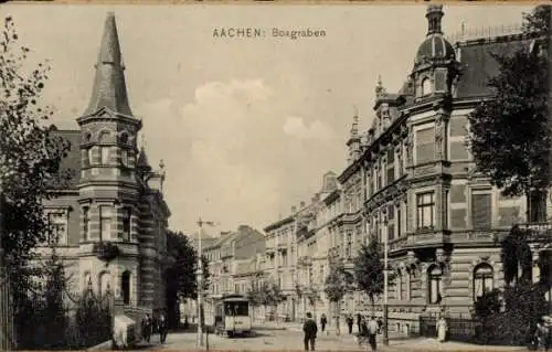 Ak Aachen, Straße Boxgraben,  Architektur, Menschen auf der Straße, Straßenbahn