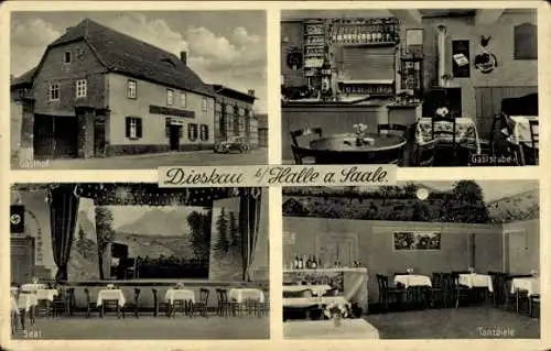 Ak Dieskau im Saalekreis, Gasthof, Saal, Gaststube, Tanzdiele, alte Gebäude,  Karte