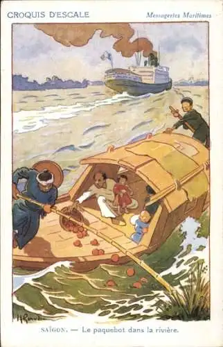 Künstler Ak Saigon Cochinchine Vietnam, Le Paquebot dans la Riviere