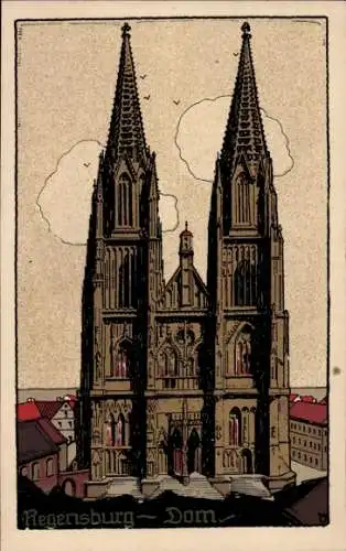 Ak Regensburg an der Donau Oberpfalz, Regensburger Dom, zwei Türme, historischer Stil, farbige...