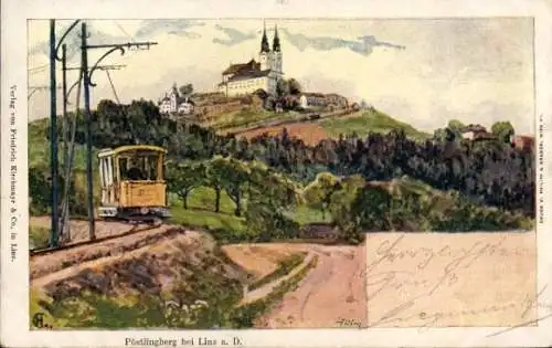 Künstler Ak Linz in Oberösterreich, Pöstlingberg, Pöstlingbergbahn, Schmalspurbahn