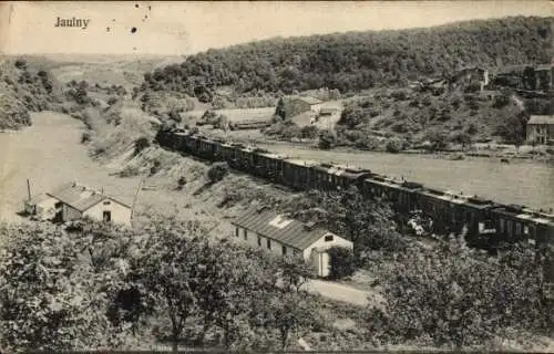 Ak Jaulny Meurthe et Moselle, Bahnlänge, Landschaft, Bäume, Gebäude, Fluss