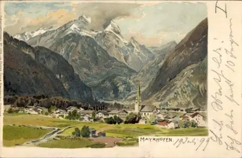 Ak Mayrhofen im Zillertal Tirol, Berglandschaft, Wolken, Kirche, Ort, Alpen, Häuser