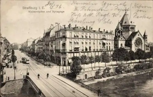 Judaika Ak Strasbourg Straßburg Elsass Bas Rhin, Kleberstaden und Synagoge, Straßenbahn
