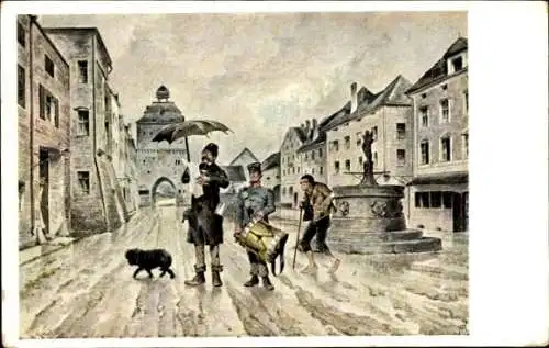 Künstler Ak Greil, A., Linz an der Donau Oberösterreich, Trommler, Springbrunnen, Regenschirm