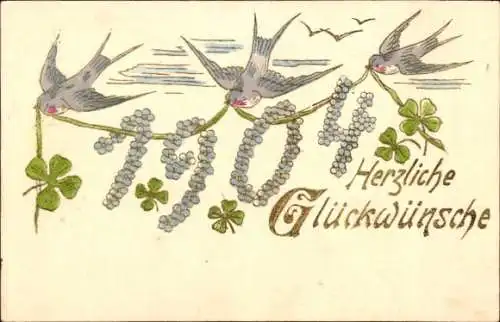 Ak Glückwunsch Neujahr, Kleeblatt, Jahreszahl 1904, Schwalben