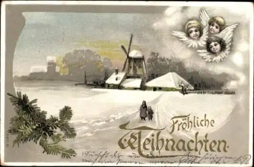 Ak Frohe Weihnachten, Dorfidyll, Tannenzweig, Engel, Windmühle