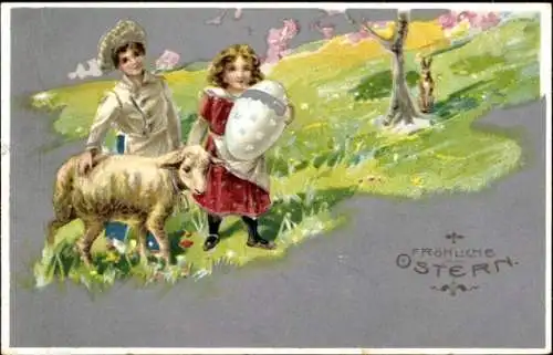 Litho Glückwunsch Ostern, Kinder, Osterei, Lamm