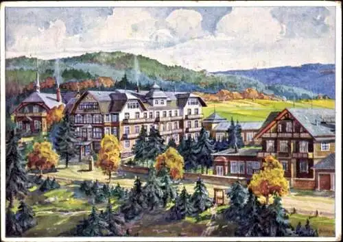 Künstler Ak Oberhof im Thüringer Wald, Teilansicht vom Ort, rauchende Schornsteine, Waldlandschaft