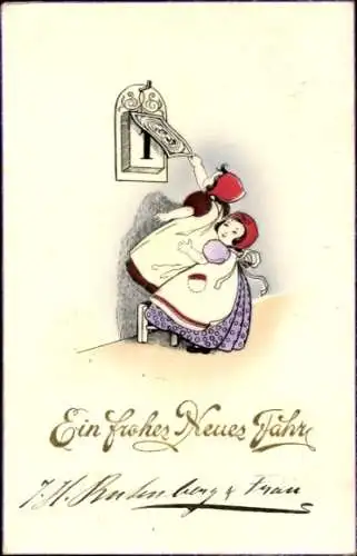 Ak Glückwunsch Neujahr, zwei Mädchen, Kalender
