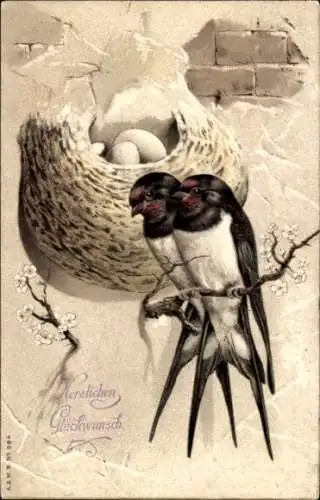 Ak Schwalbenpaar, Nest mit Eiern, Herzen