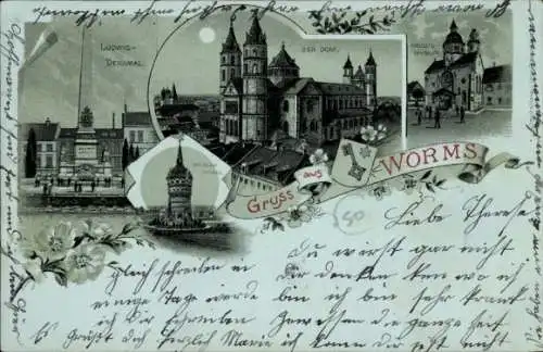 Mondschein Litho Worms am Rhein, Ludwig-Denkmal, Dom