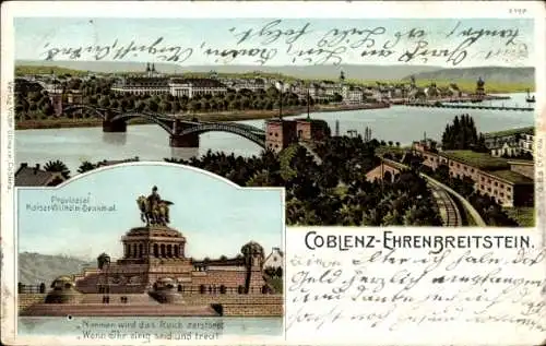 Litho Ehrenbreitstein Koblenz am Rhein, Panorama, Kaiser Wilhelm-Denkmal