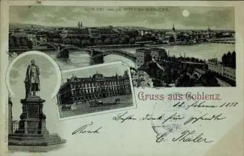 Mondschein Litho Koblenz am Rhein, Gesamtansicht, Eisenbahnbrücke, Denkmal