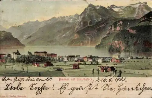 Ak Brunnen Kt Schwyz, Gesamtansicht, Urirothstock
