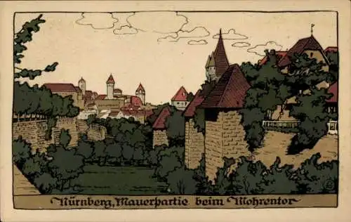 Steindruck Ak Nürnberg in Mittelfranken, Mauerpartie beim Mohrentor