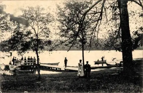 Ak Wolgastsee bei Korswandt, Seesteg, Ruderboote, Ufer