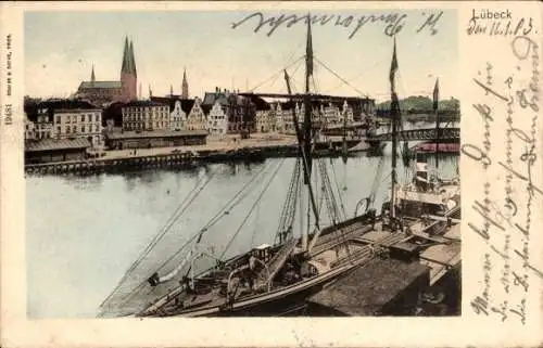 Ak Hansestadt Lübeck, Gesamtansicht, Hafen, Schiff