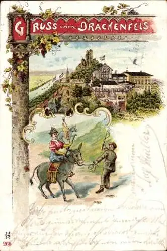 Litho Königswinter am Rhein, Drachenfels, Sturer Esel