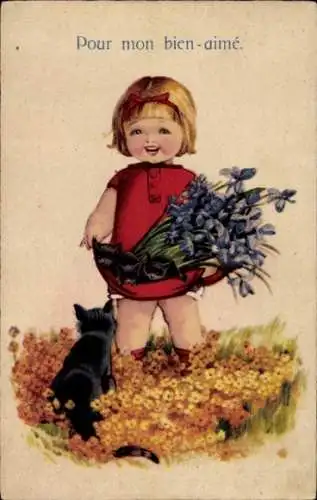 Ak Mädchen mit Blumenstrauß und Katze