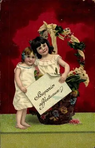 Ak Zwei Mädchen, Blumenkorb, Kitsch