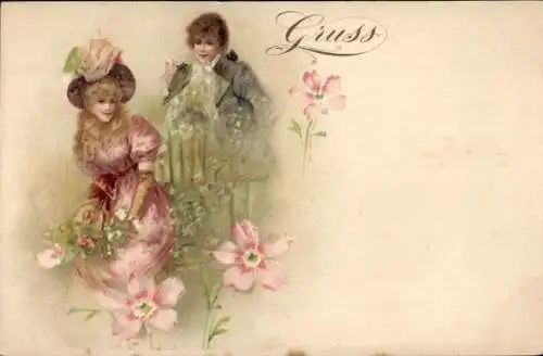 Litho Kinder auf Blumenwiese, Blumen, Paar