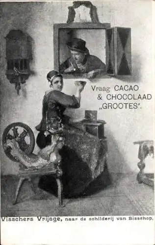 Ak Frau am Spinnrad, Volkstrachten, Werbung Cacao & Chocolaad Grootes