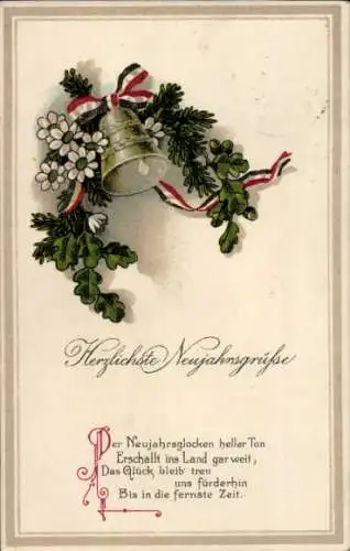Ak Glückwunsch Neujahr, Eichenlaub, Blumen, Glocke