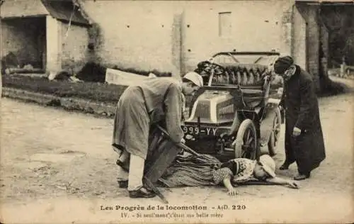 Ak Ohnmächtige Frau unter dem Auto, Automobil