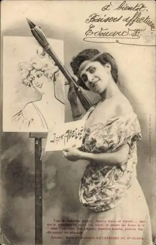 Ak Malerin, Gemaltes Porträt, Pinsel