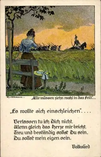 Künstler Ak Volkmann, Wir müssen ziehen wohl in das Feld, Traurige Frau, Abschied