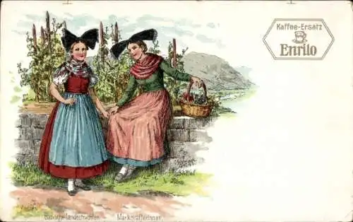 Litho Badische Landestrachten, Markgräflerinnen, Reklame Kaffee-Ersatz Enrilo