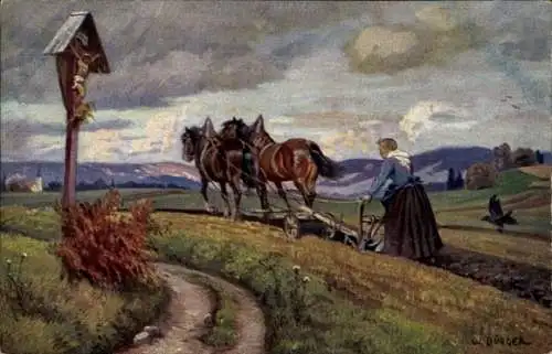 Künstler Ak Bürger, W., Frau am Pflug, Landwirtschaft